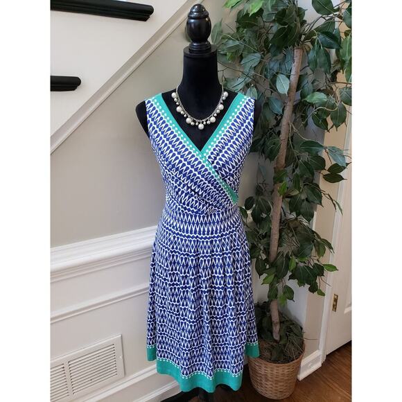 Lands End Fit & Flare Dress Womens Size 10/12 Blue Geometric Surplice V Neck - Picture 1 of 11